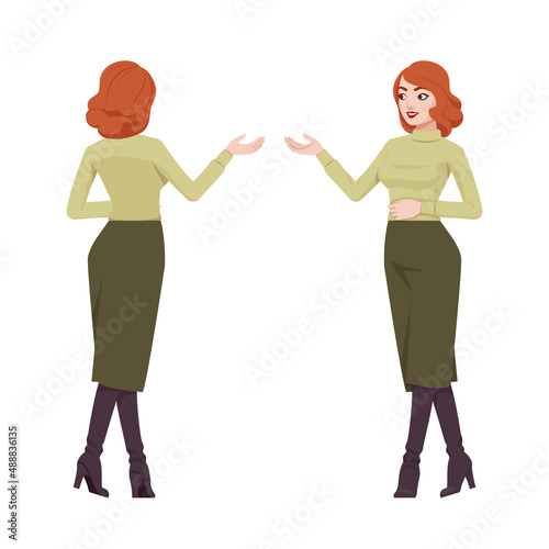 Red haired secretary woman, attractive redheaded business lady talking. Office work outfit, young elegant businesswoman. Vector flat style cartoon character isolated on white background, front, rear