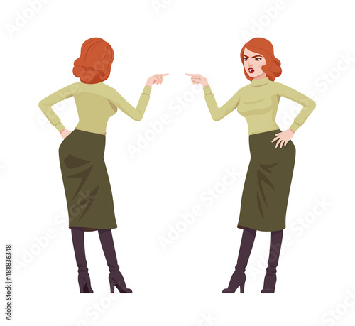 Red haired secretary woman, attractive redheaded business lady talking. Office work outfit, young elegant businesswoman. Vector flat style cartoon character isolated on white background, front, rear