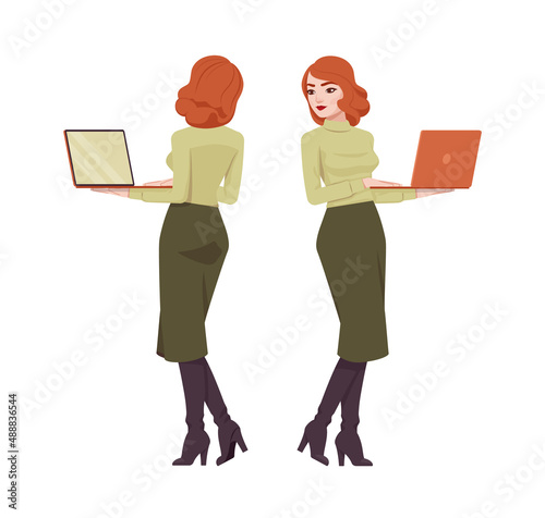 Red haired secretary woman, attractive redheaded business lady with laptop. Office work outfit young elegant businesswoman. Vector flat style cartoon character isolated on white background front rear