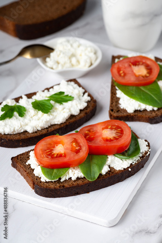 Slice of rye bread with cottage cheese and tomatoes on a wooden cutting board on a white background
