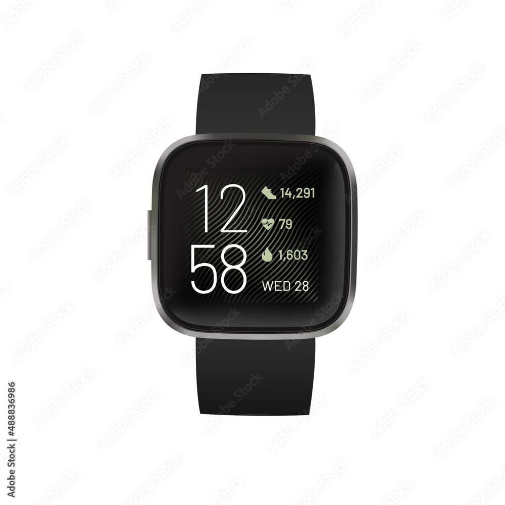 Fitbit Versa 2 health & fitness smartwatch. Black wrist watch. Vector stock  illustration. Stock Vector | Adobe Stock