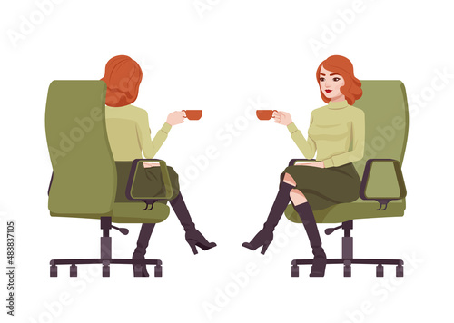 Red haired secretary woman attractive redheaded business lady coffee break. Office work outfit, young elegant businesswoman. Vector flat style cartoon character isolated on white background front rear
