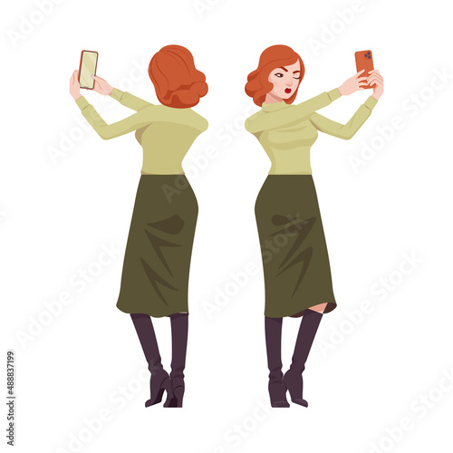 Red haired secretary woman attractive redheaded business lady taking selfie. Office work outfit young elegant businesswoman. Vector flat style cartoon character isolated on white background front rear