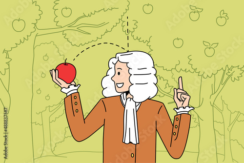 Science and physical experience concept. Sir Isaac Newton scientist standing and exploring gravity with red fallen apple in hands vector illustration 