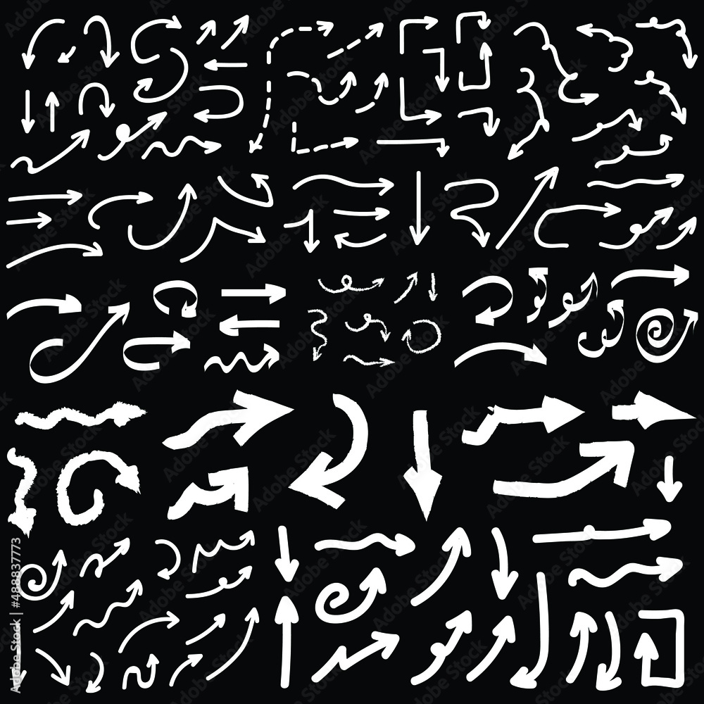 Set Of Vector Doodle Drawing Collection White Arrow On Black Background Set Of Vector Doodle Drawing Collection White Arrow On Black Background
