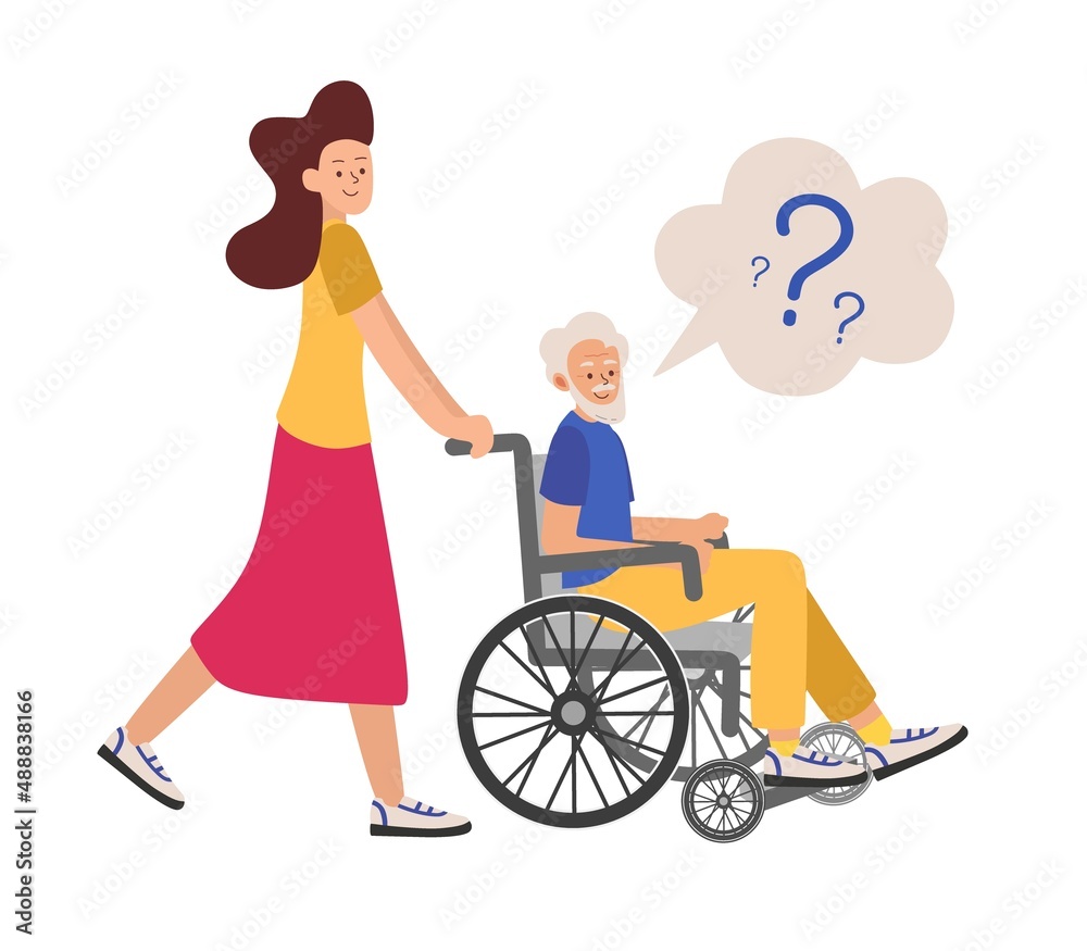 Dementia Grandfather in a wheelchair with an accompanying person can't figure out where he is Vector illustration in flat style