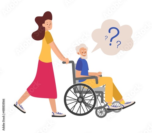 Dementia Grandfather in a wheelchair with an accompanying person can't figure out where he is Vector illustration in flat style