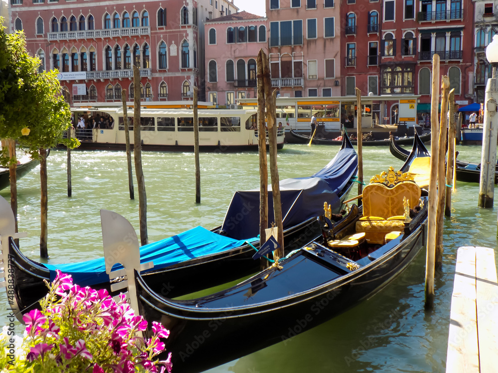 Italian Gondolas in Venice, Italy, Tied to a Mooring on the Grand Canal