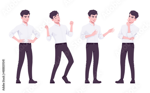 Office worker set, young businessman, male employee feeling positive emotions. Brunette smart boy in formal wear. Vector flat style cartoon character isolated on white background, different poses