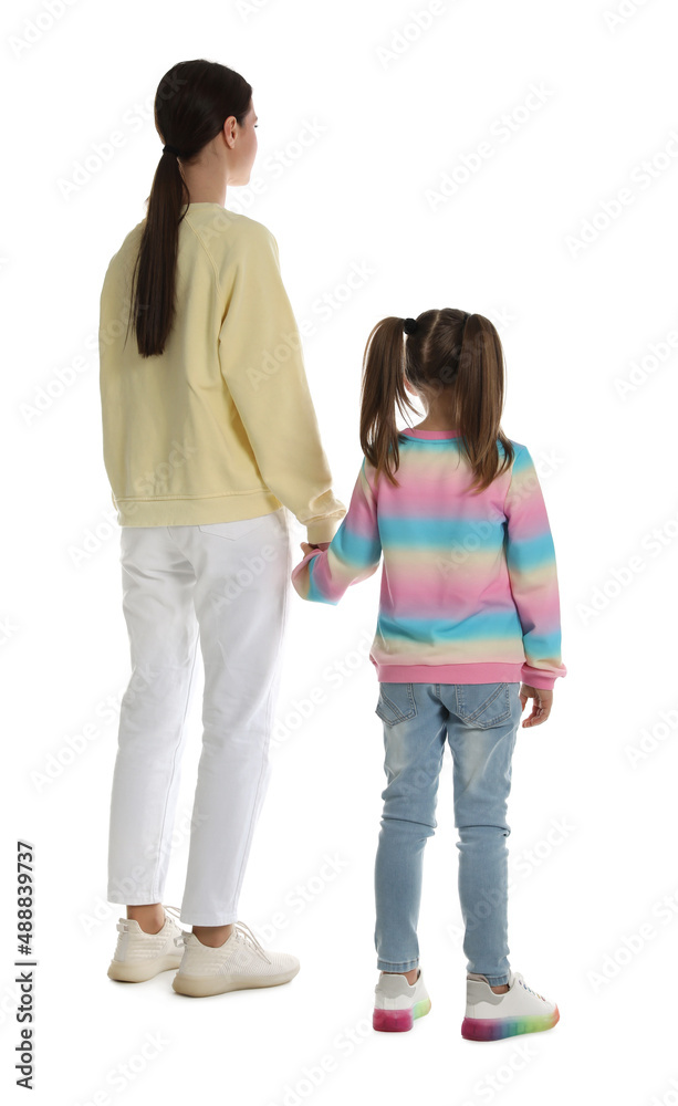 Little girl with her mother on white background Little girl with her mother on white background