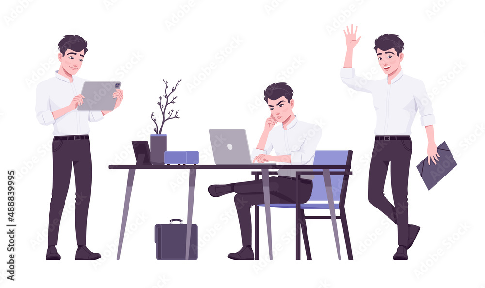 Office worker set, young businessman, male busy employee. Brunette smart boy, slim manager in formal wear. Vector flat style cartoon character isolated on white background, different poses Office worker set, young businessman, male busy employee. Brunette smart boy, slim manager in formal wear. Vector flat style cartoon character isolated on white background, different poses