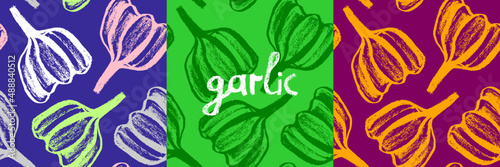 Vector garlic pattern seamless. Allium drawing for Oil packaging, dried spices label, banner design. Rural food concept, rustic decor. Vegan background. Vegetarian wallpaper. Organic garlic ornament.
