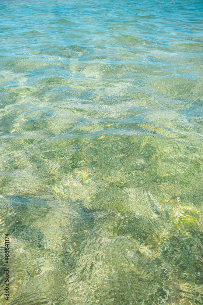 Vertical background of the water in the sea with the water waves and reflection of the light in them, with green and blue colors of the water