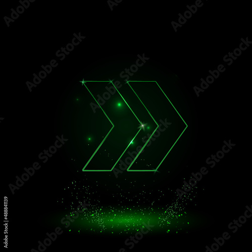 A large green outline double arrow symbol on the center. Green Neon style. Neon color with shiny stars. Vector illustration on black background