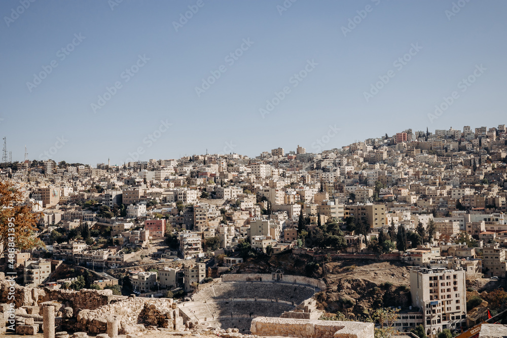 Aerial view of the city of Amman. View of modern Amman. Roman theater in Amman. Jordan