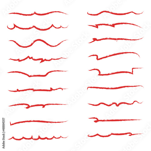 Handmade Collection Set Of Red Underline Vector . Doodle Style Different Shapes / Illustration 