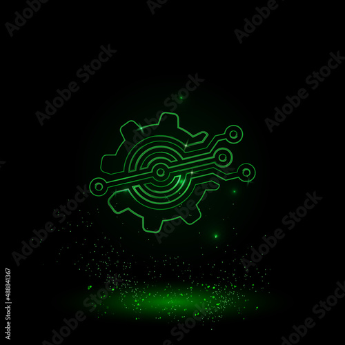A large green outline digital tech symbol on the center. Green Neon style. Neon color with shiny stars. Vector illustration on black background