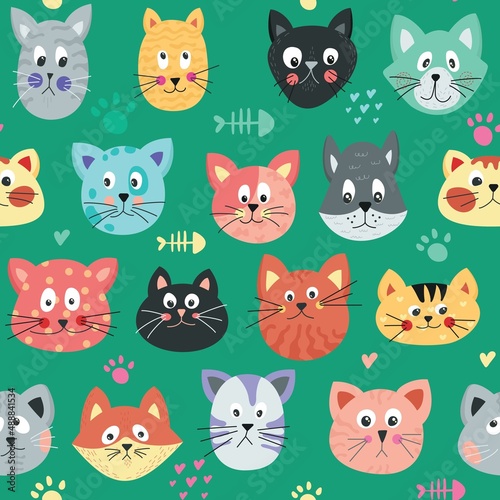 Seamless pattern of beautiful  bright cats. Perfect for wallpapers  gift paper  greeting cards  fabrics  textiles  web designs. Vector illustration. Hand drawn.