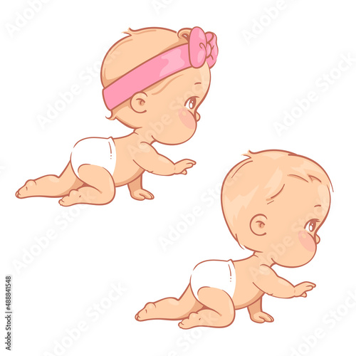 Cute little baby boy and girl in diaper crawling.