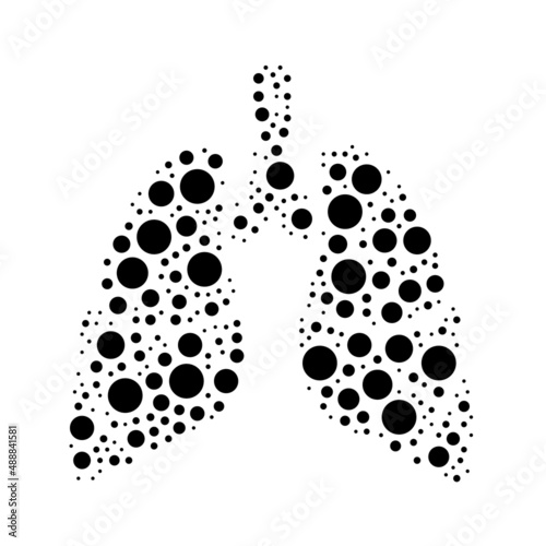 A large lungs symbol in the center made in pointillism style. The center symbol is filled with black circles of various sizes. Vector illustration on white background