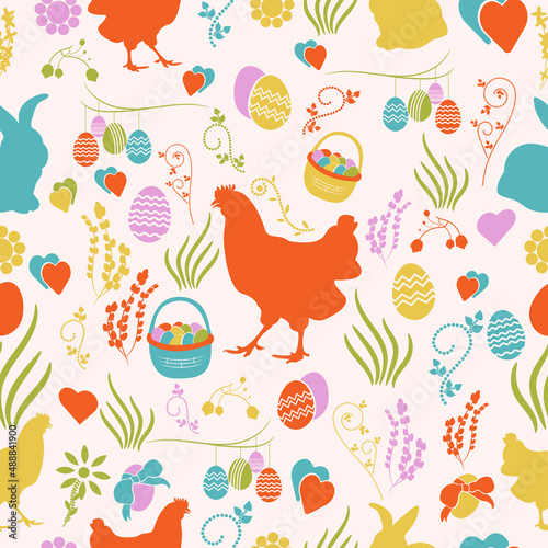 Easter seamless pattern. Print with eggs, hen, flowers, basket and rabbit and hearts.
