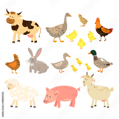 Vector set of farm animals and birds
