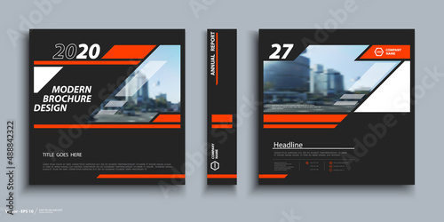 Black design, brochure covers. Business information banner frame. Annual report. Set of title page. Modern images. Font text. Design of orange stripes. Urban Architecture. Promotional fibers, City