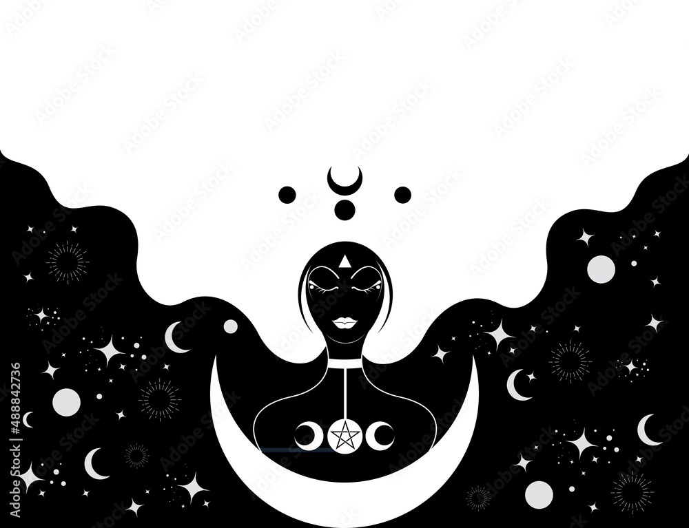Vecteur Stock Priestess With Lonh Hair Template Crescent Moon Sacred 