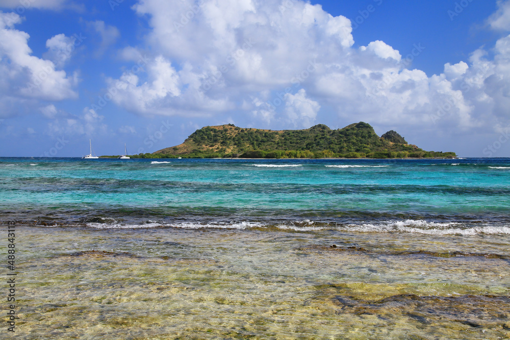 Coastline of White Island with Saline Island in the distance, Grenada.