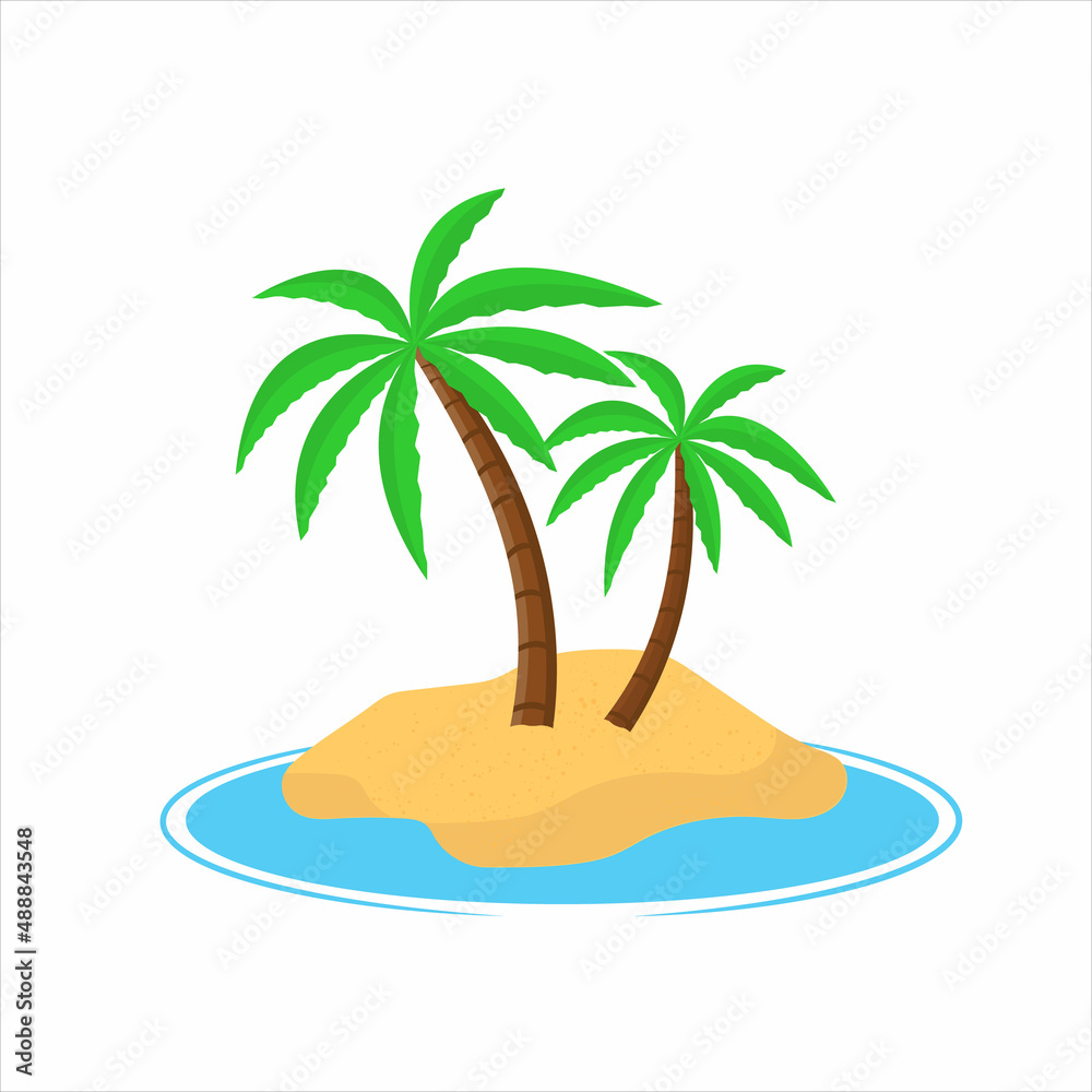 Island with palm trees isolaed on white background, Summer vacation holiday tropical ocean, Vector illustration