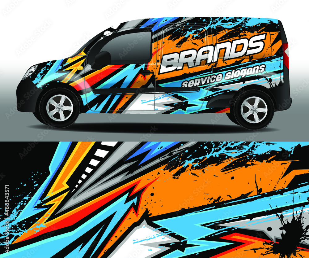 Delivery van vector design. Car design development for the company. Black  background with blue, orange and gray abstract stripes for car vinyl sticker.  Car sticker. Stock ベクター | Adobe Stock