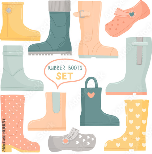 Rubber boots set, spring, flat design, vector