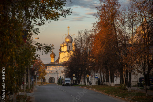 Autumn landscape in the old town. Street in the historic center of Rostov.