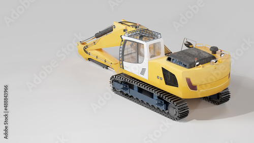 Yellow excavator on a light background. 3d render, 3d illustration. Concept of digging into the ground with an excavator. Heavy construction machinery.