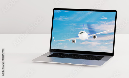 Plane leaving the laptop. Concept of traveling by plane  ordering tickets online  traveling on the internet. .3d render  3d illustration.