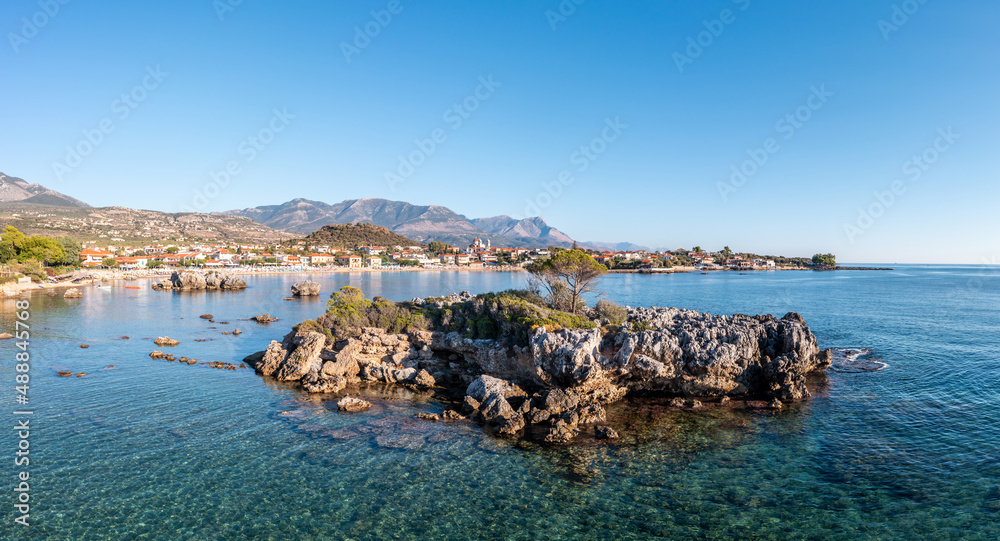 Greece Peloponnese. Stoupa traditional seaside village and sandy beach. Mani Messenia destination