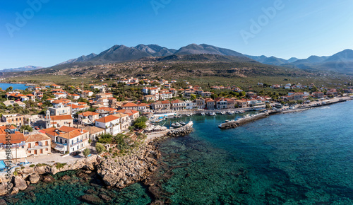 Greece Peloponnese. Mani, Agios Nikolaos traditional fishing village and port, aerial view