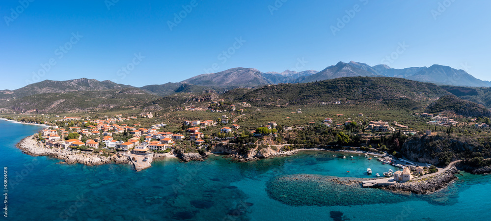 Greece, Kardamili town, Mani aerial panorama. Stone building and nature. Blue sky and sea