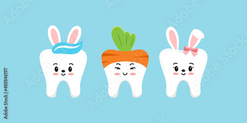 Easter teeth bunny rabbit and carrot dental icon set isolated. Dentist easter cute tooth kawaii character with bunny ears and tail and carrot top. Flat cartoon vector kids clip art illustration.