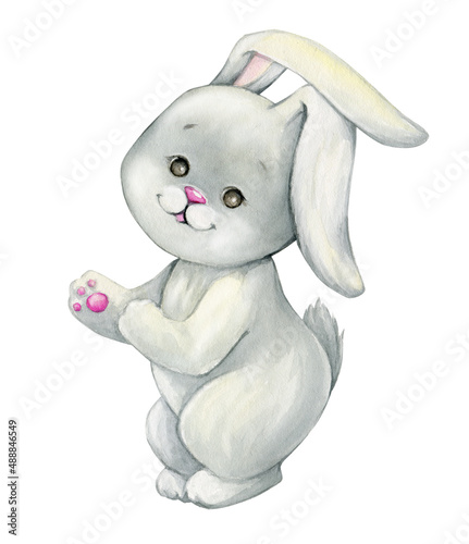 Cute bunny, cartoon style, on an isolated background. A forest animal painted in watercolor