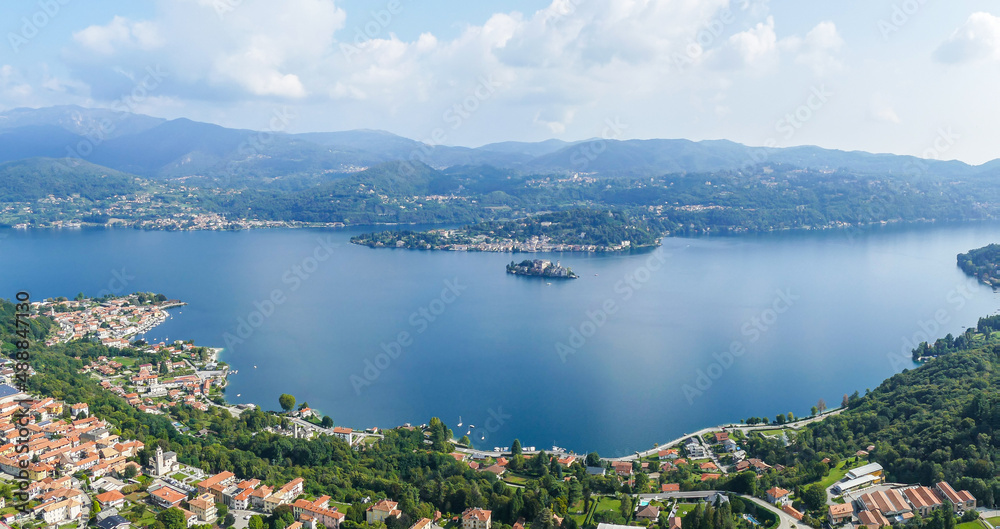 Extra wide aerial view of the Lake Orta with the Island of San Giulio