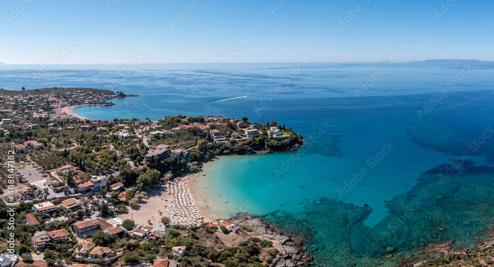 Greece Peloponnese. Stoupa seaside village and sandy beach, aerial view. Mani, Messenia
