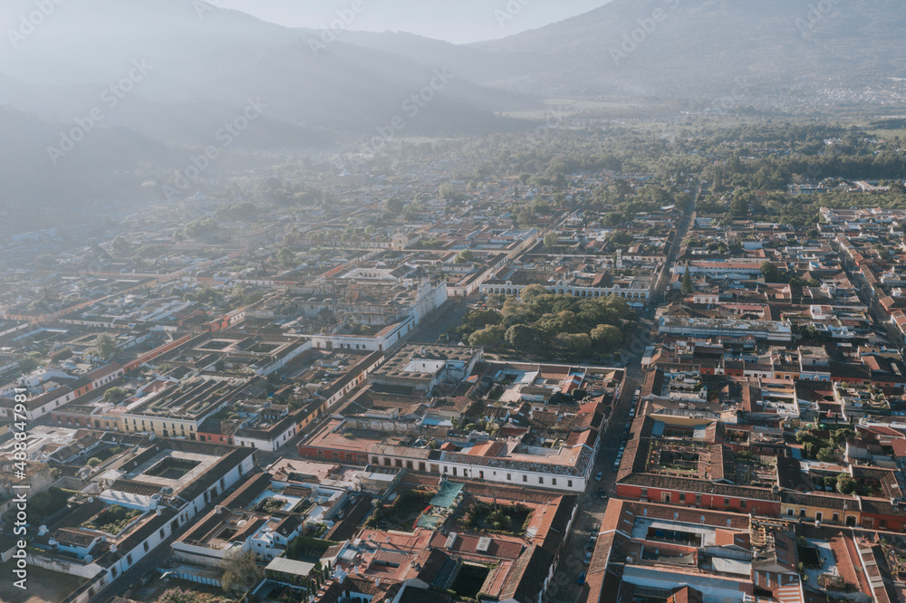 Antigua Guatemala colonial city in Guatemala - Drone view of Antigua Guatemala early in the morning - Tourist cultural destination