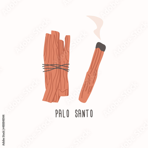 Palo santo holy wood tree, sticks bundle - flat vector illustration isolated on white background. Burning palo santo incense. Concept of smudging, relaxation and aromatherapy.