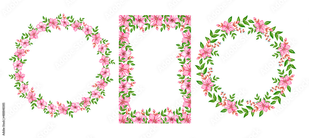 Watercolor cherry blossom wreaths on white background