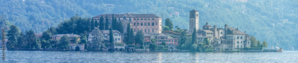 Extra wide view of the island of San Giulio in the Orta Lake