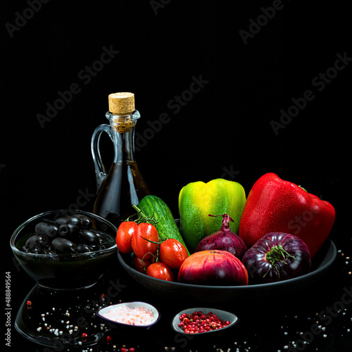 Fototapeta Naklejka Na Ścianę i Meble -  Vegetables, olive oil, and spices for Greek Salad.