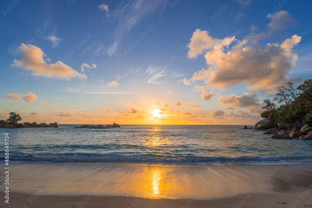 Sunset on Petite Anse beach in Constance Lemuria hotel, Praslin island, Seychelles.