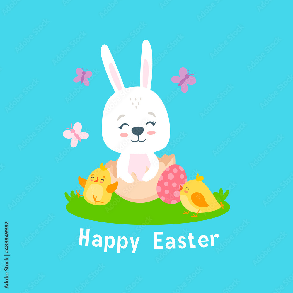 cute cartoon easter bunny with easter eggs and chickens cute cartoon easter bunny with easter eggs and chickens