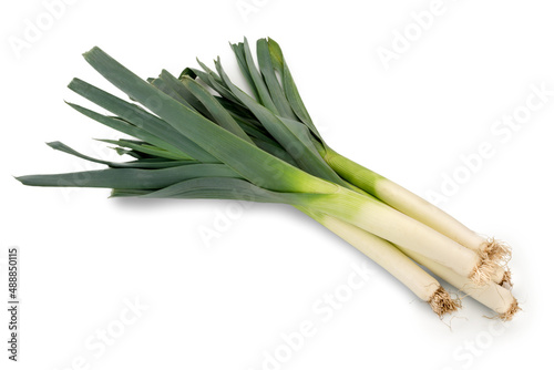 Fresh raw leeks isolated on white background, top view